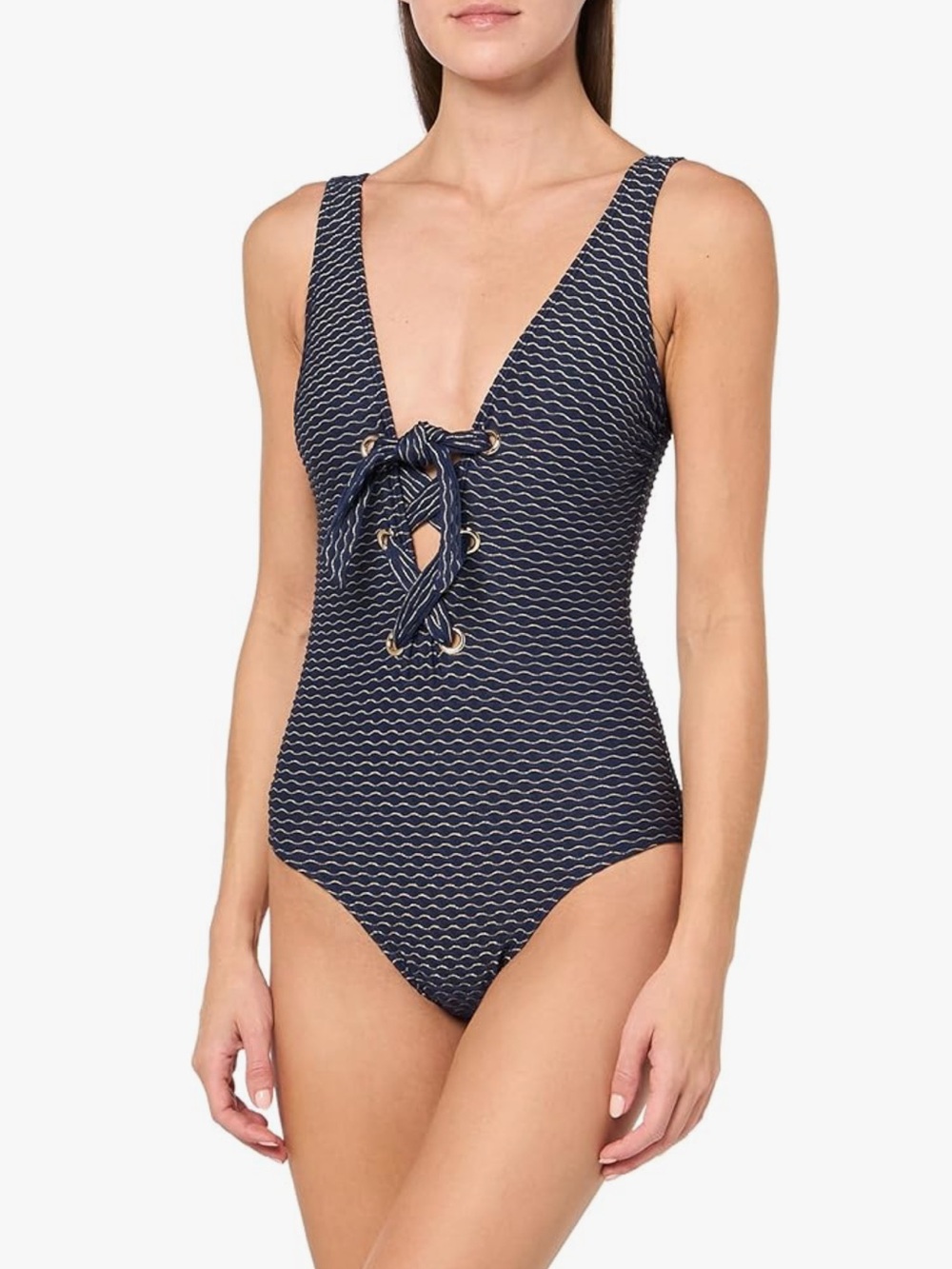 Shoshanna Navy Wave-Print Lace-Up One-Piece Swimsuit